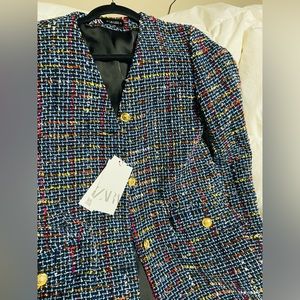 V-Neck Plaid Long Single-Breasted Zara tweed blazer